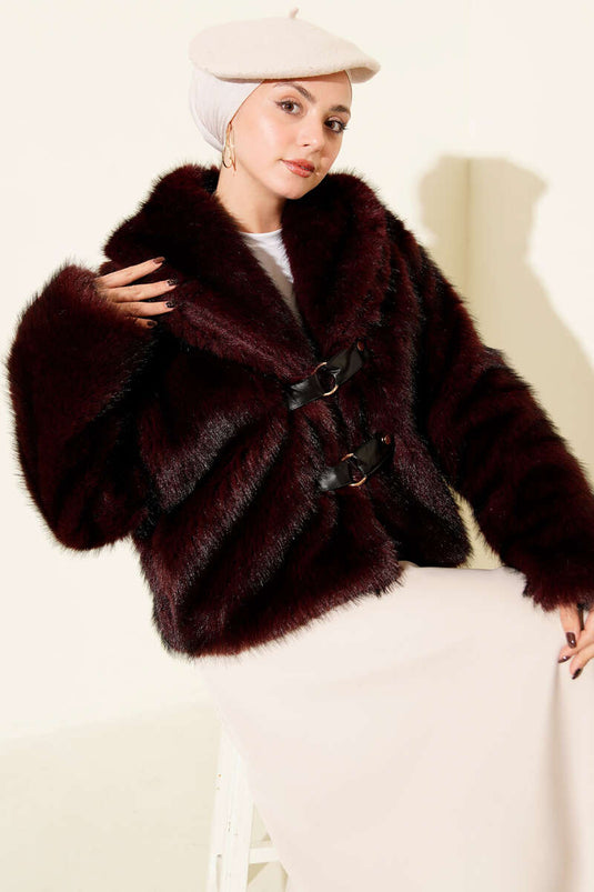Deri Tokalı Kısa Kürk Mont Bordo