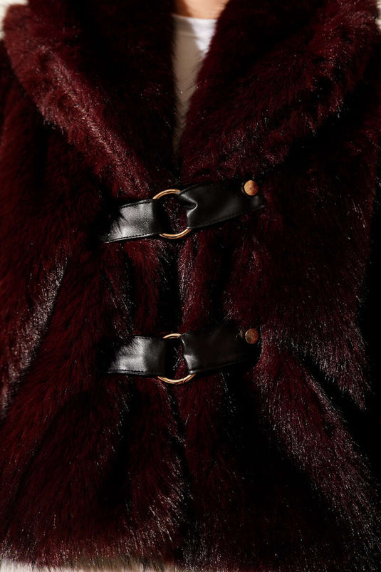Deri Tokalı Kısa Kürk Mont Bordo