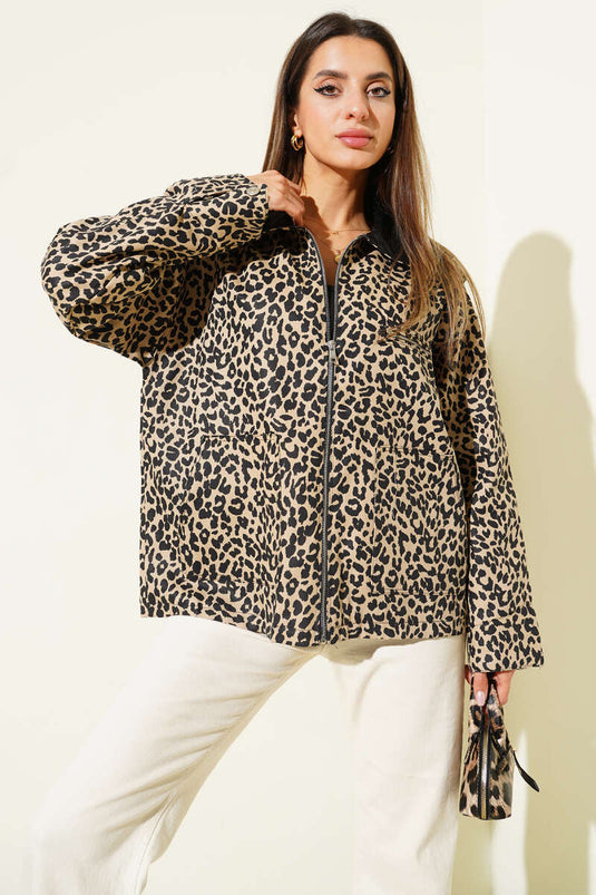 Deri Yakalı Leoparlı Gabardin Ceket Bej