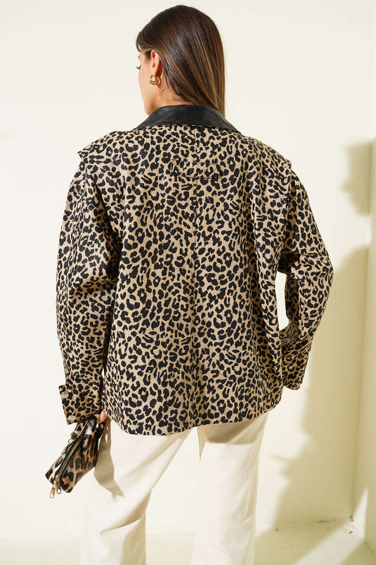 Deri Yakalı Leoparlı Gabardin Ceket Bej