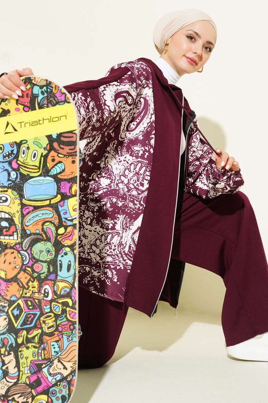 Patterned Hooded Two-Piece Set in Burgundy