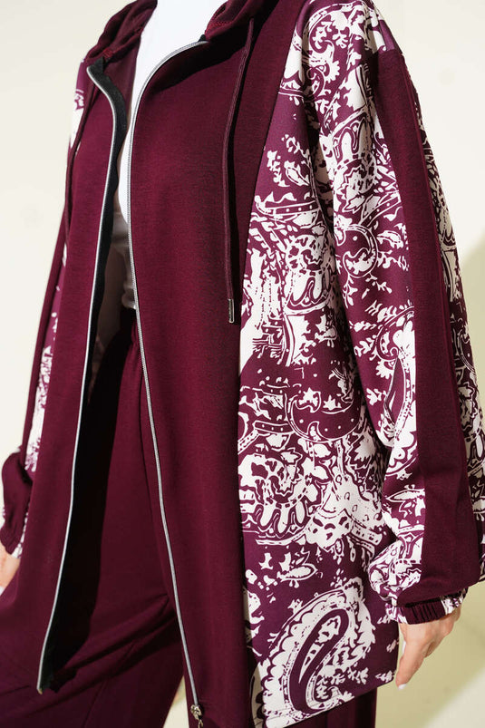 Patterned Hooded Two-Piece Set in Burgundy