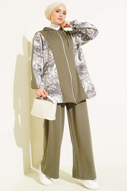 Patterned Hooded Two-Piece Set in Khaki