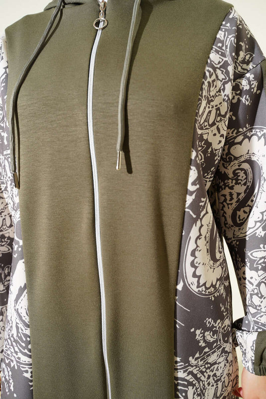 Patterned Hooded Two-Piece Set in Khaki