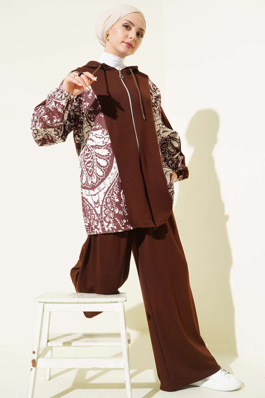 Patterned Hooded Two-Piece Set in Coffee