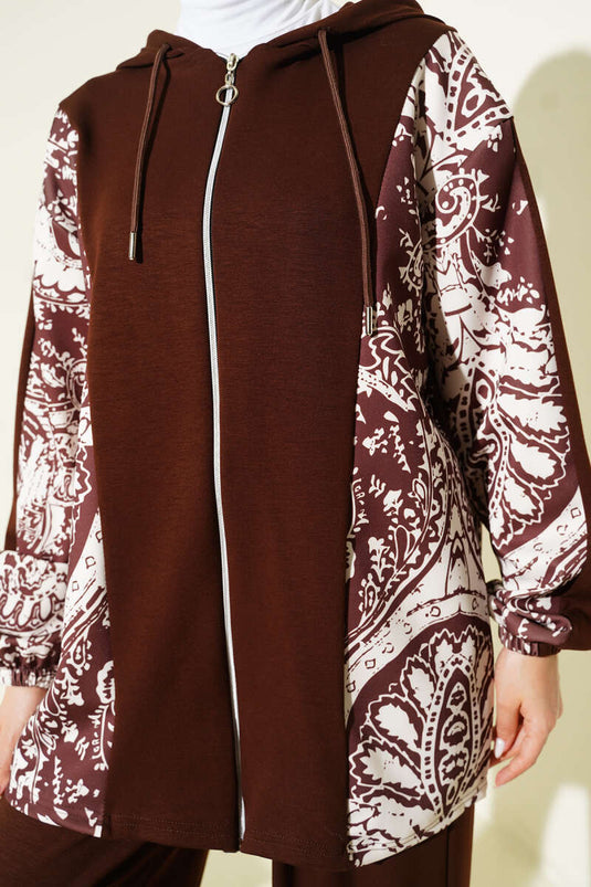 Patterned Hooded Two-Piece Set in Coffee