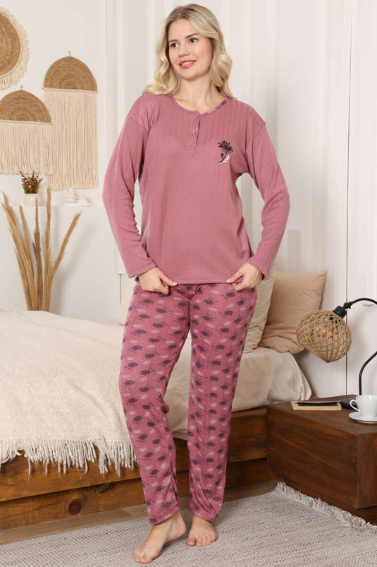 Patterned Ribbed Pajama Set, Rose Pink