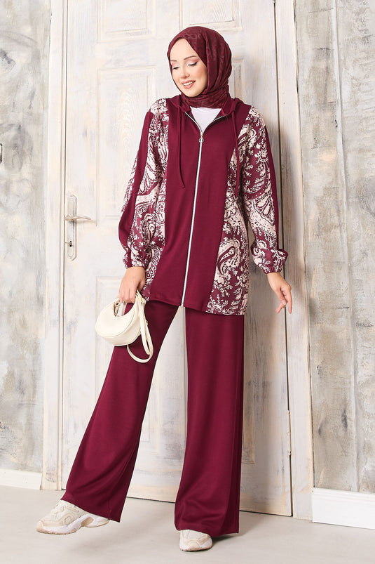 طقم أويشو ذو النمط المزخرف مع حواف، بغطاء رأس، باللون البوردو