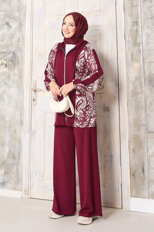 طقم أويشو ذو النمط المزخرف مع حواف، بغطاء رأس، باللون البوردو