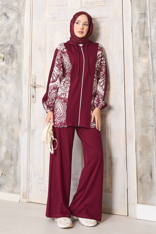 طقم أويشو ذو النمط المزخرف مع حواف، بغطاء رأس، باللون البوردو