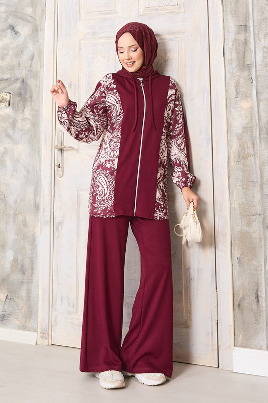 طقم أويشو ذو النمط المزخرف مع حواف، بغطاء رأس، باللون البوردو