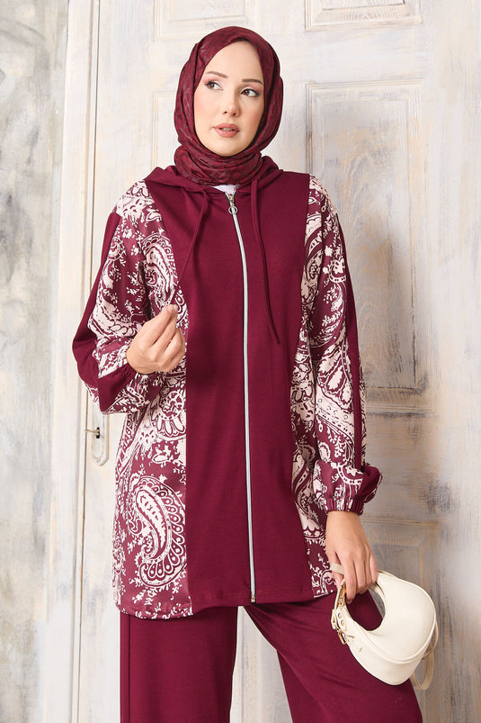 طقم أويشو ذو النمط المزخرف مع حواف، بغطاء رأس، باللون البوردو