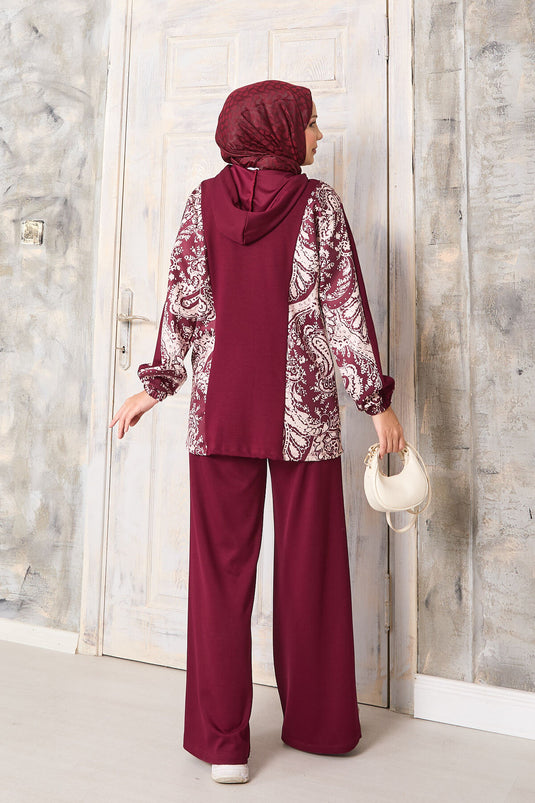 طقم أويشو ذو النمط المزخرف مع حواف، بغطاء رأس، باللون البوردو