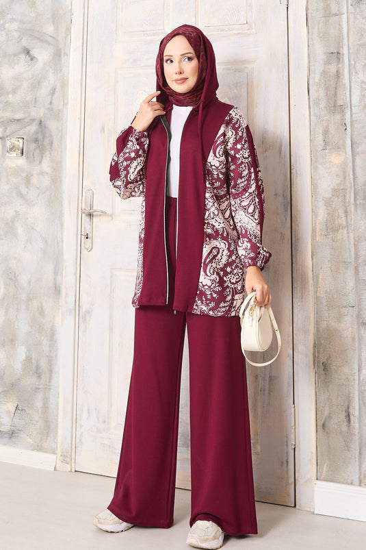 طقم أويشو ذو النمط المزخرف مع حواف، بغطاء رأس، باللون البوردو