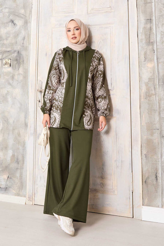 Patterned Garnished Hooded Oyşo Set Khaki