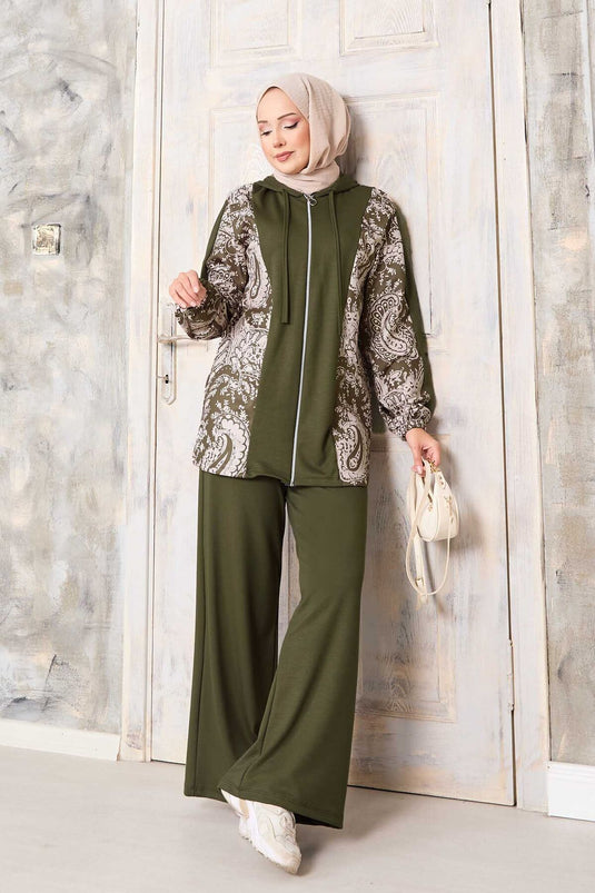 Patterned Garnished Hooded Oyşo Set Khaki
