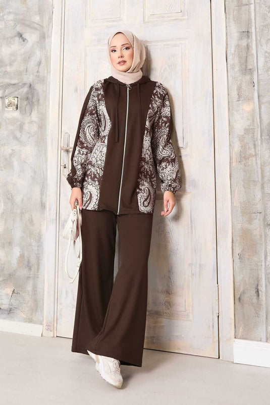 Desen Garnili Kapüşonlu Oyşo Takım Kahve