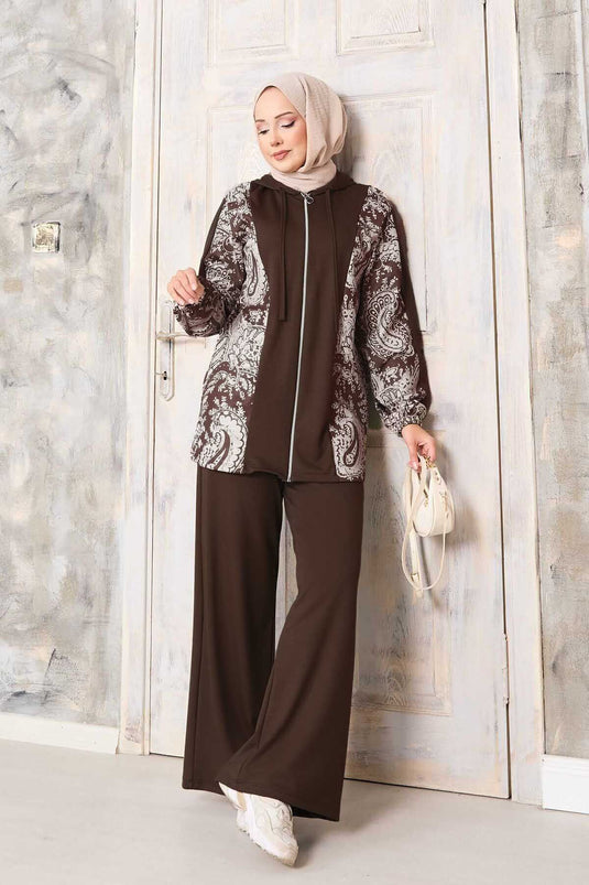 Desen Garnili Kapüşonlu Oyşo Takım Kahve