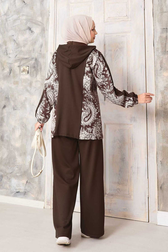 Desen Garnili Kapüşonlu Oyşo Takım Kahve