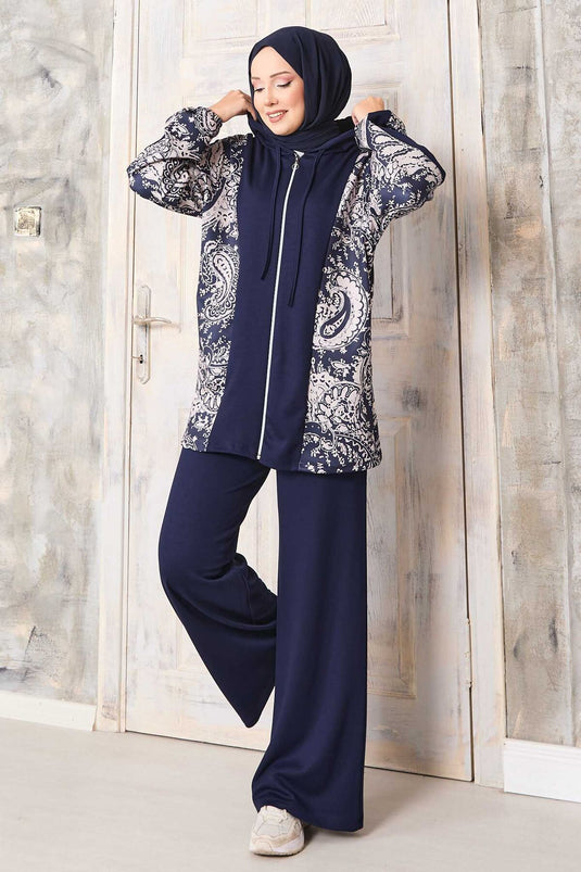 طقم أوyşo بغطاء رأس بنمط مزخرف باللون الأزرق البحري