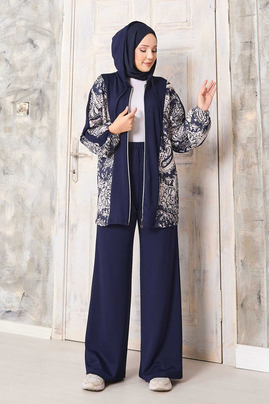 طقم أوyşo بغطاء رأس بنمط مزخرف باللون الأزرق البحري