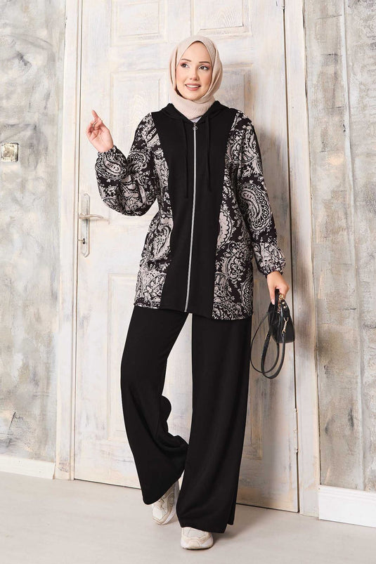 طقم أويشو بغطاء رأس مع نقوش مزينة - أسود