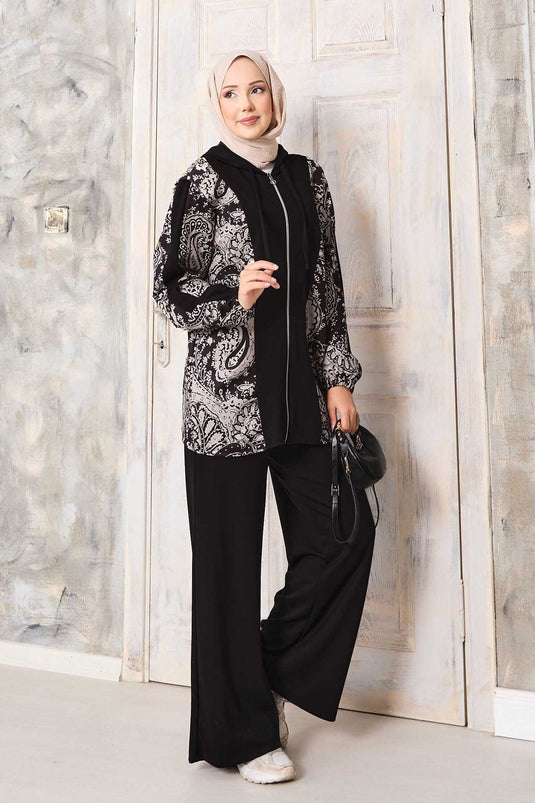 طقم أويشو بغطاء رأس مع نقوش مزينة - أسود