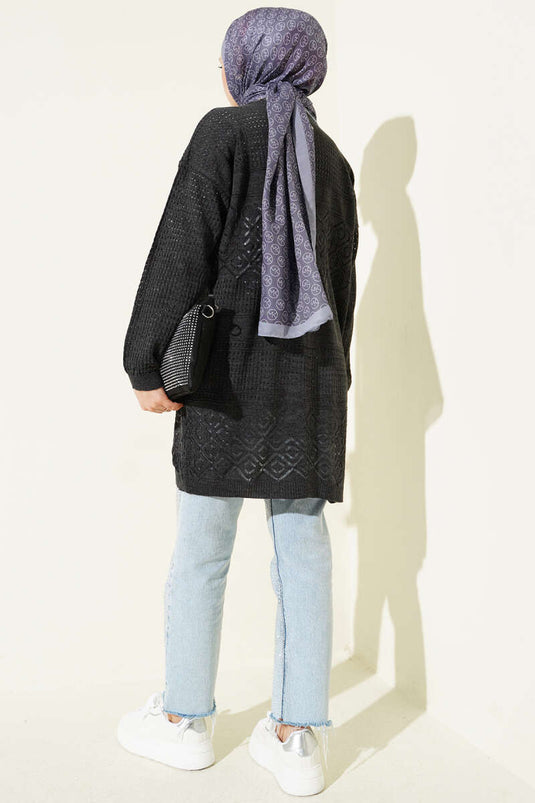 Patterned Openwork Basic Knit Cardigan Anthracite