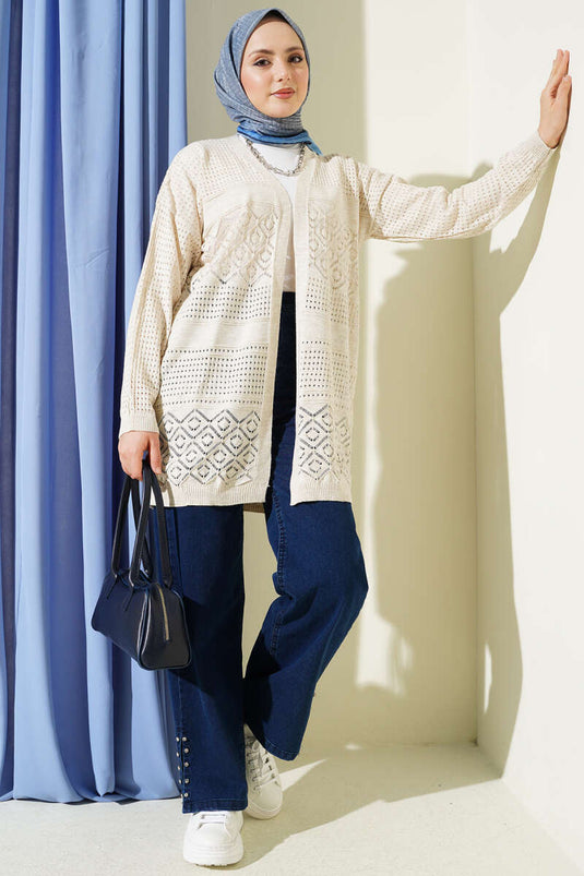 Patterned Openwork Basic Knit Cardigan Beige
