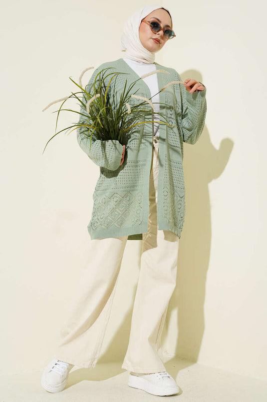 Patterned Openwork Basic Knit Cardigan Pistachio Green