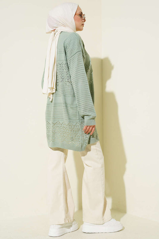 Patterned Openwork Basic Knit Cardigan Pistachio Green