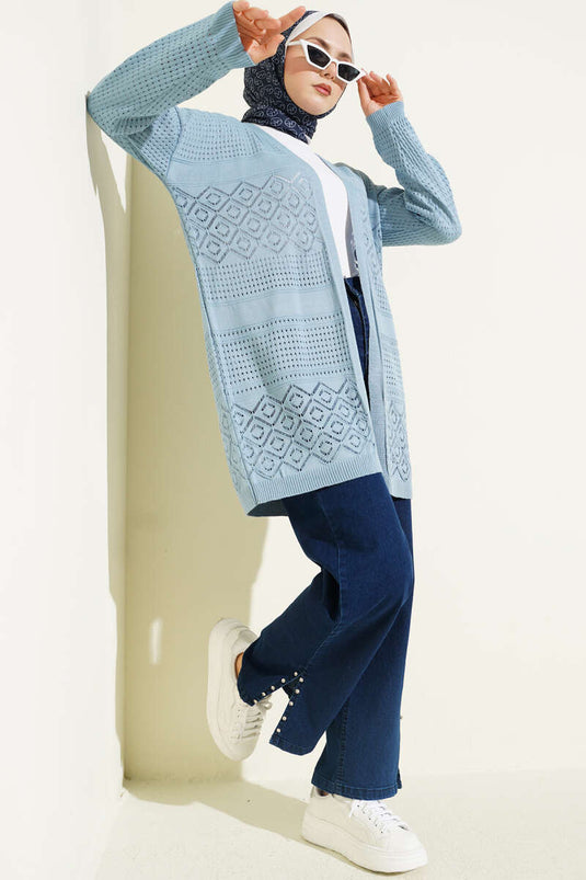 Patterned Openwork Basic Knit Cardigan Indigo