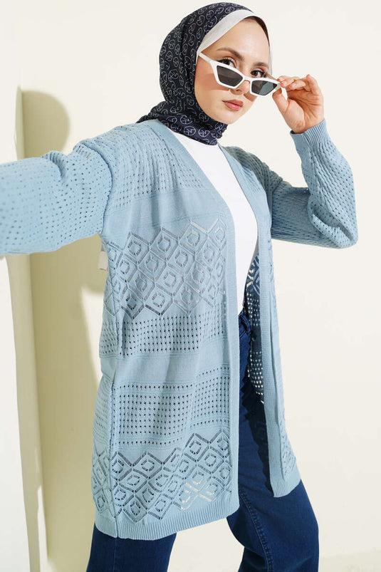 Patterned Openwork Basic Knit Cardigan Indigo