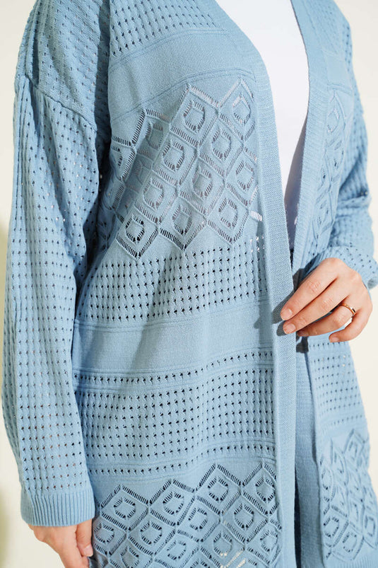 Patterned Openwork Basic Knit Cardigan Indigo