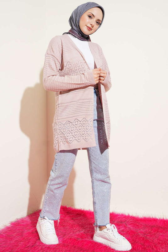 Patterned Openwork Basic Knit Cardigan Powder Pink