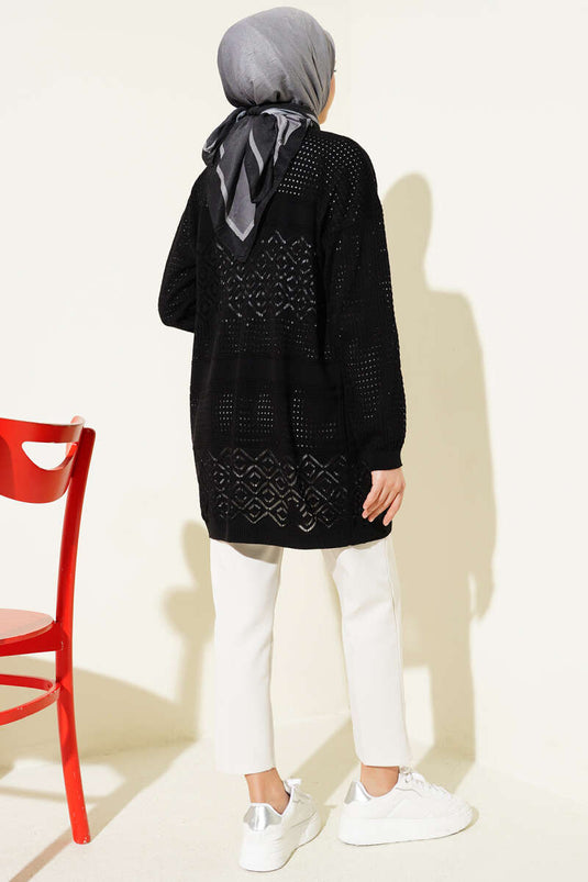Patterned Openwork Basic Knit Cardigan Black
