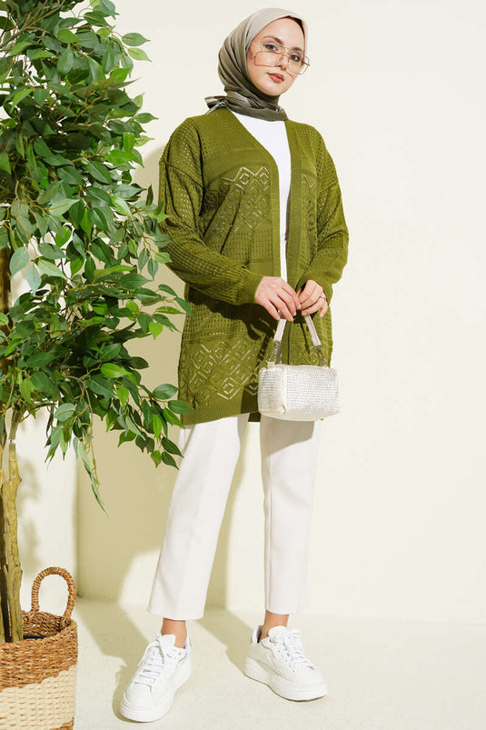 Patterned Openwork Basic Knit Cardigan Green