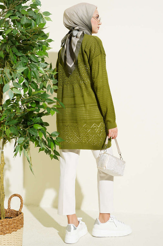 Patterned Openwork Basic Knit Cardigan Green
