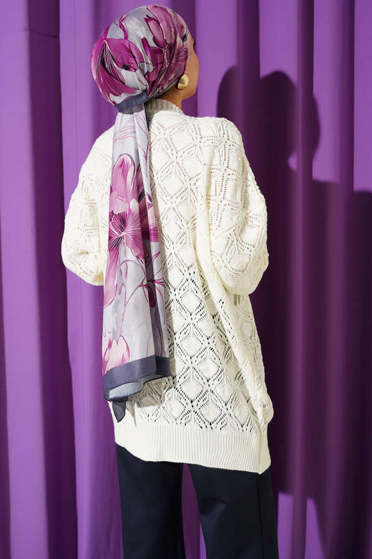 Cardigan en tricot ajouré à motifs, couleur écru