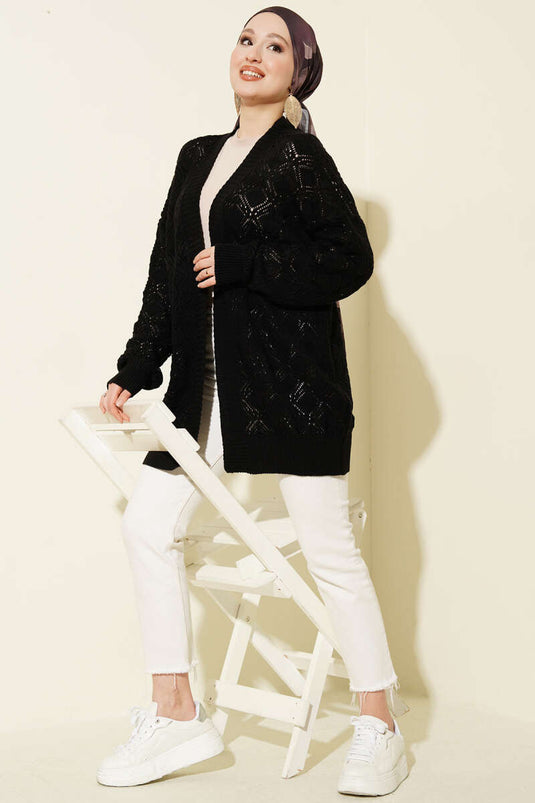 Cardigan en tricot ajouré à motifs noir