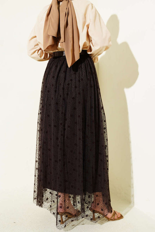Patterned Asymmetric Belted Tulle Skirt Brown