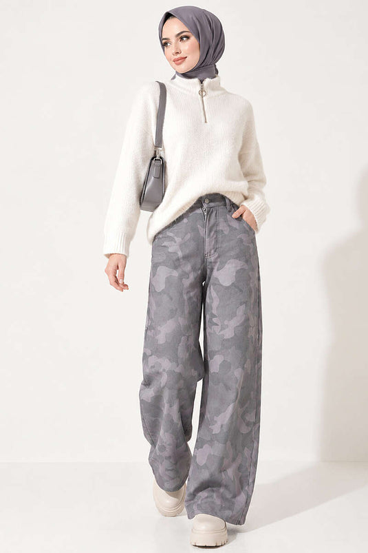 Desenli Baggy Pantolon Gri