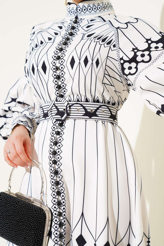 Robe mini boutonnée à manches ballon à motifs blanche