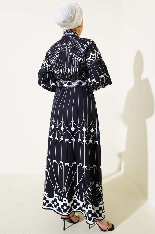 Patterned Balloon Sleeve Mini Buttoned Dress Black