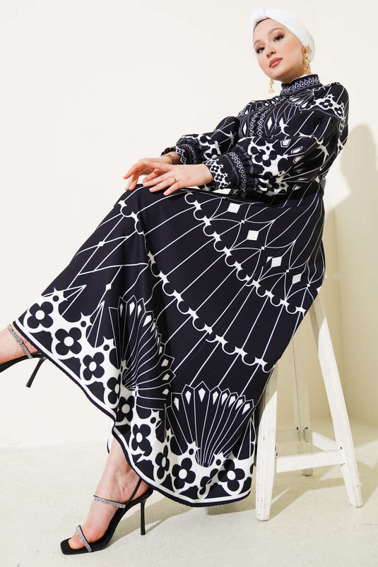 Patterned Balloon Sleeve Mini Buttoned Dress Black