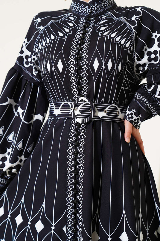 Patterned Balloon Sleeve Mini Buttoned Dress Black