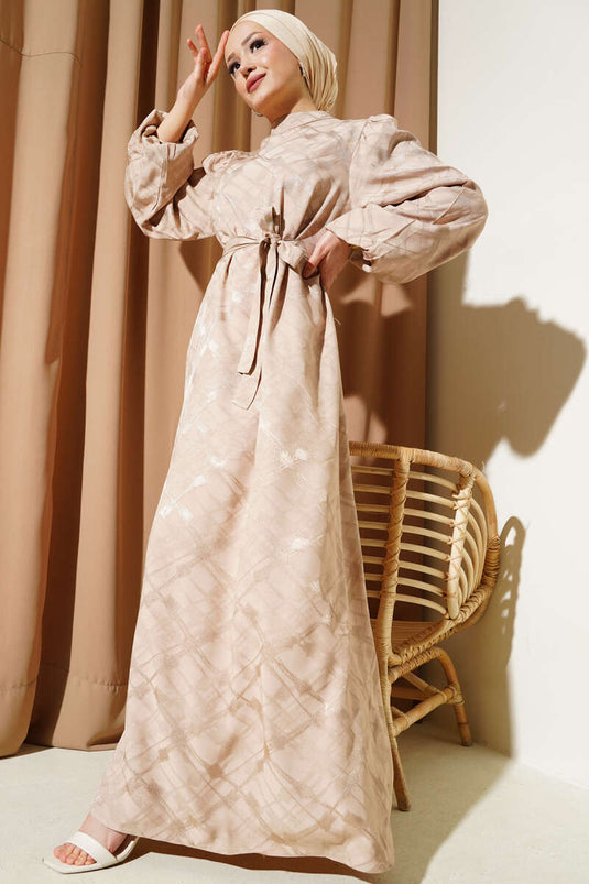Patterned Balloon Sleeve Belted Jacquard Dress Beige