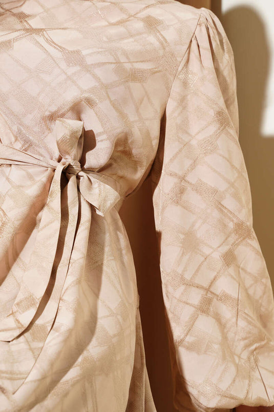 Patterned Balloon Sleeve Belted Jacquard Dress Beige