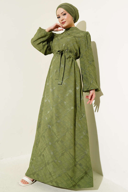 فستان جاكار بحزام وأكمام منفوخة منقوش، لون كاكي