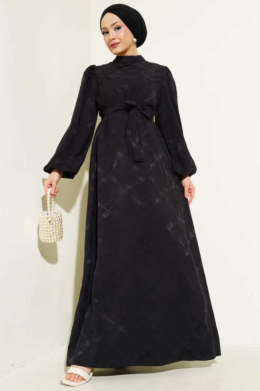Patterned Balloon Sleeve Belted Jacquard Dress Black